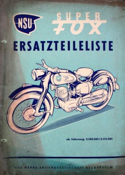 NSU Super Fox Motorbike 1956 Spare Part List (6837)